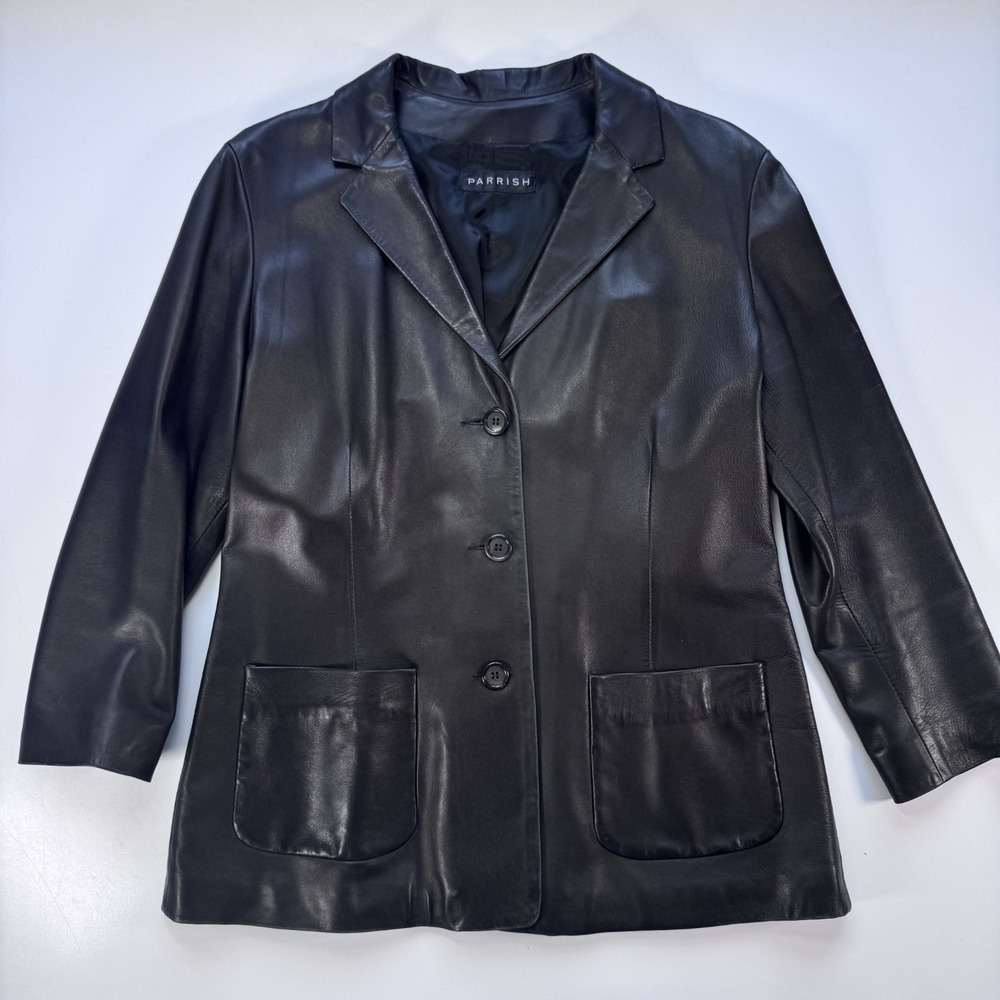 Vtg MAXFIELD PARRISH Genuine Leather Blazer Jacket Womens Large Black Made in UK